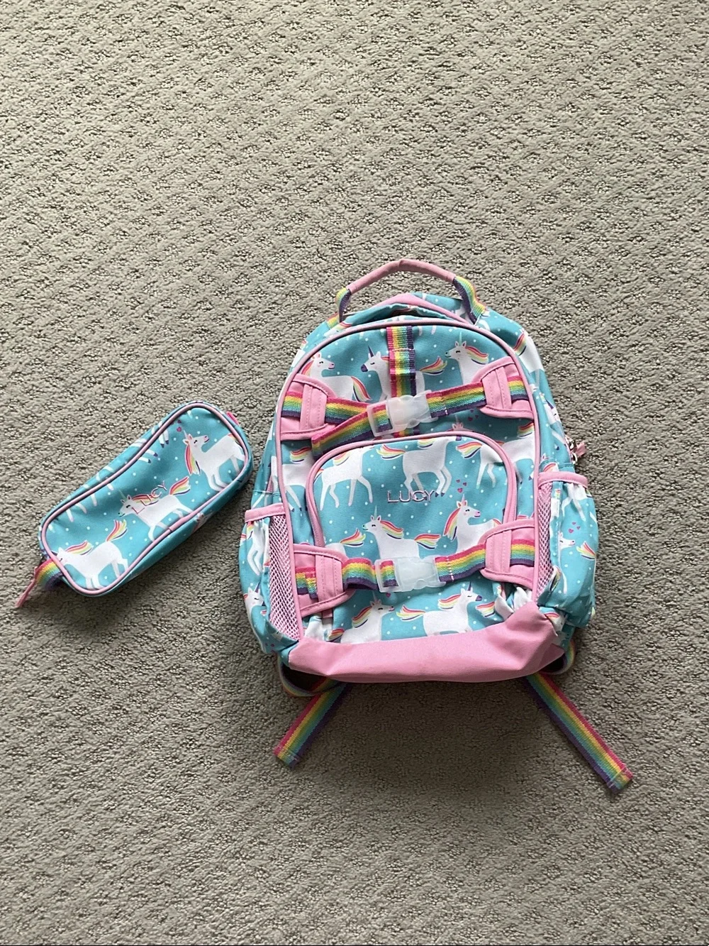 Pottery Barn Kids Aqua & Pink Unicorn Backpack and pencil case with Rainbows 565
